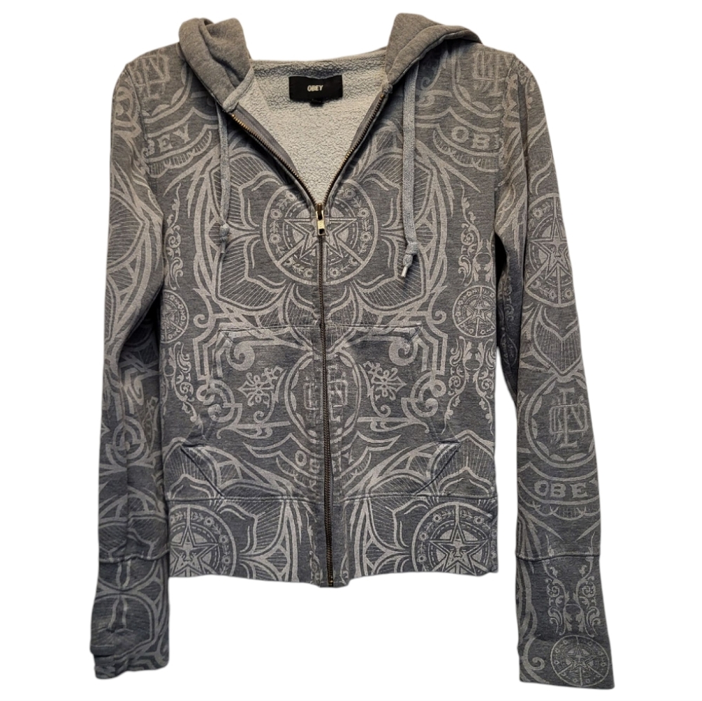 Vintage Obey Gray Propaganda Zippered Long Sleeve Hoodie Shepard Fairey - Size S